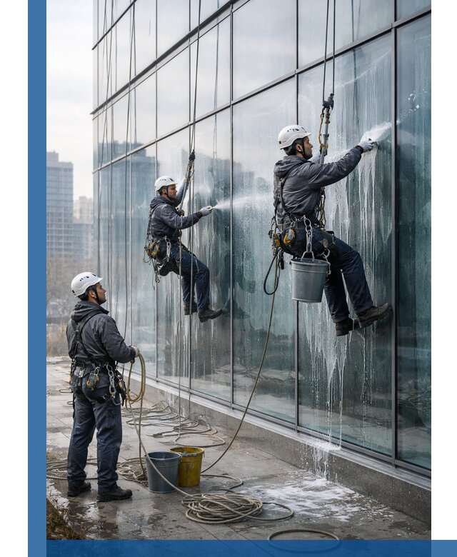 Промышленная мойка панорамных окон на высоте в Клине