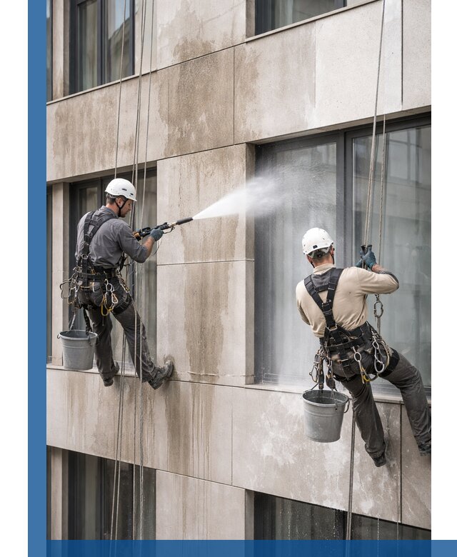 Послестроительная мойка фасада промышленным альпинизмом в Клине