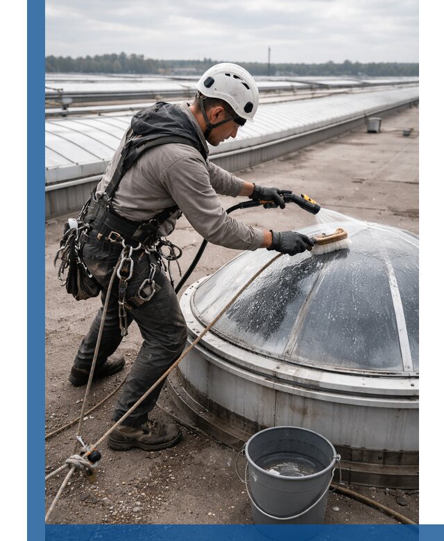 Мойка зенитных фонарей на кровле для промышленных объектов в Клине