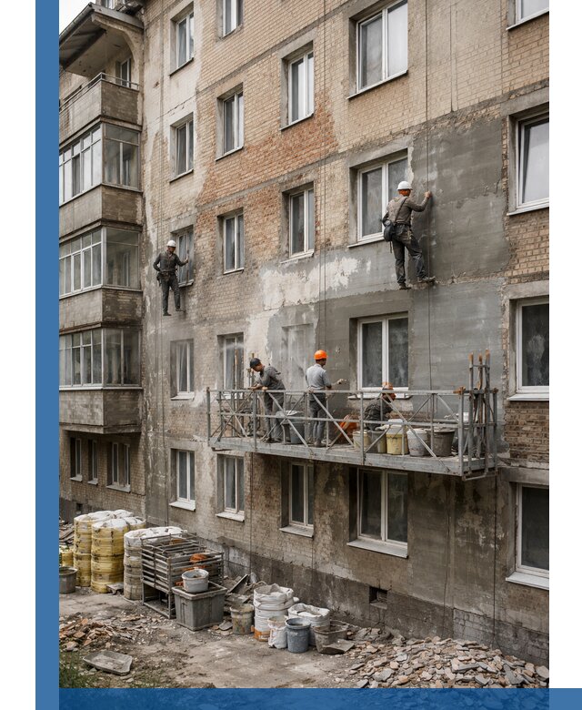 Капитальный ремонт фасада в Клине с восстановлением и гидроизоляцией