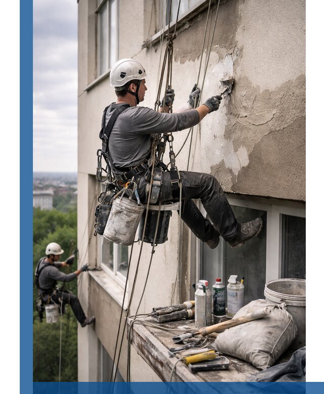 Косметический ремонт фасада зданий в Клине промышленными альпинистами