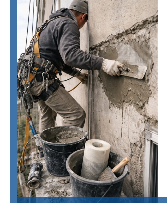 Ремонт бетонных элементов фасада промышленными альпинистами в Клине