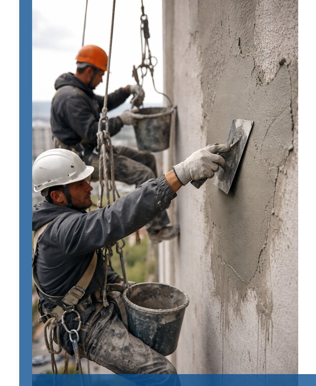 Штукатурка фасада на высоте в Клине профессиональные работы