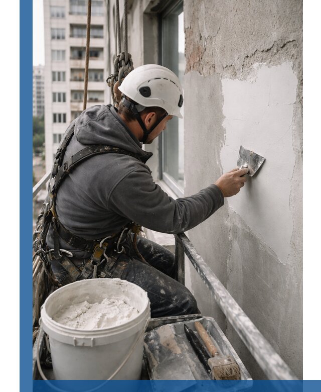 Шпаклевка фасадов на высоте с промальпинистами в Клине