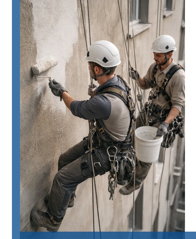 Грунтовка фасада на высоте в Клине промышленными альпинистами