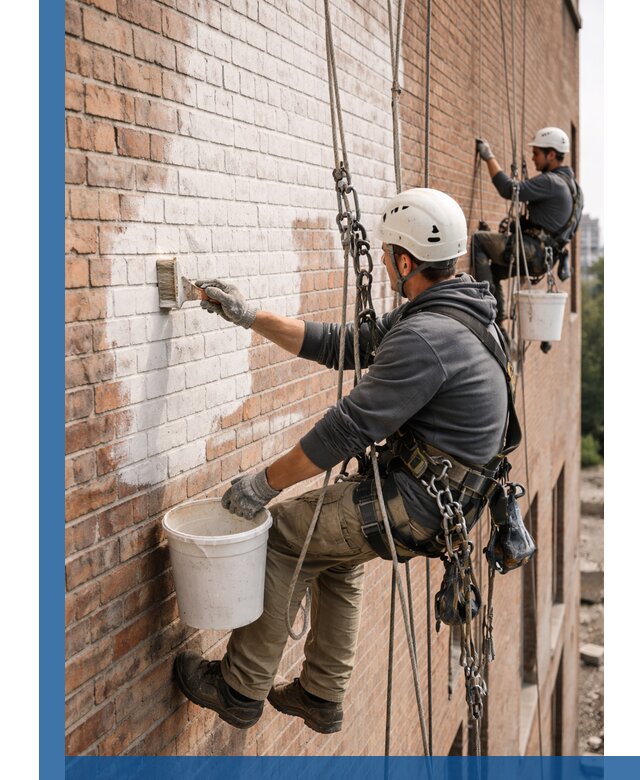Покраска кирпичного фасада с доступным альпинистским сервисом в Клине