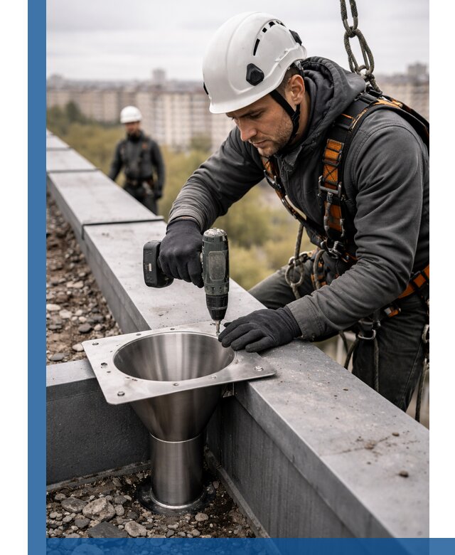 Монтаж водосточных воронок в Клине для промышленных зданий