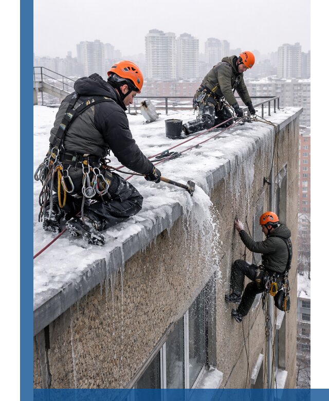 Удаление наледи с кровли в Клине промышленными альпинистами