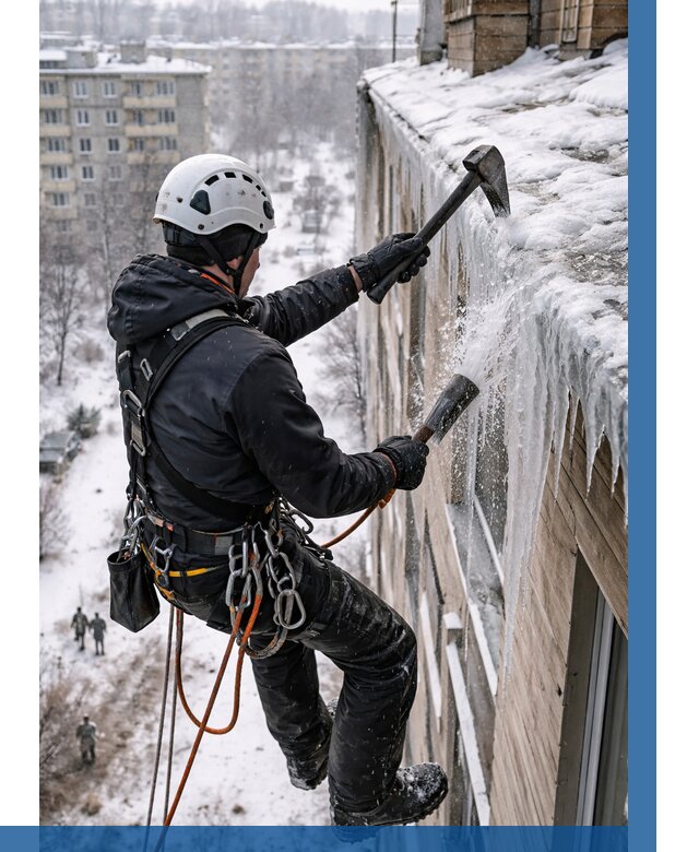 Сбивание сосулек с крыши в Клине по цене от 4610 р. | ВЫСОТНИК-Кли