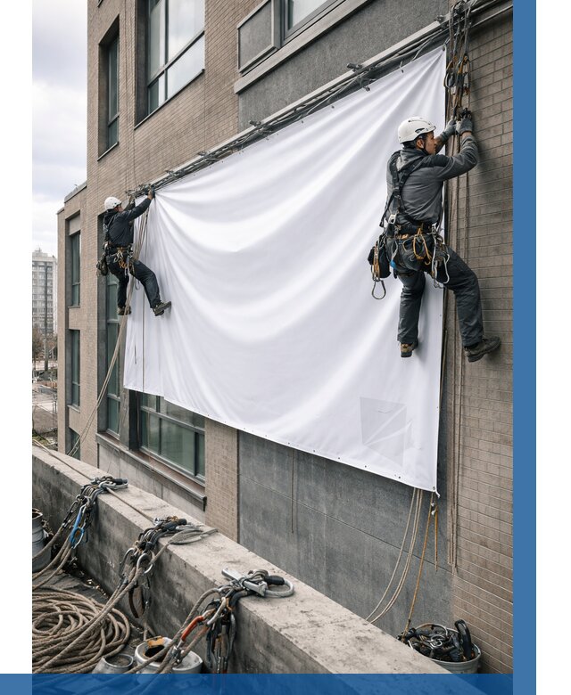 Монтаж баннеров на фасаде в Клине от 666 р. заказать ВЫСОТНИК-Кли