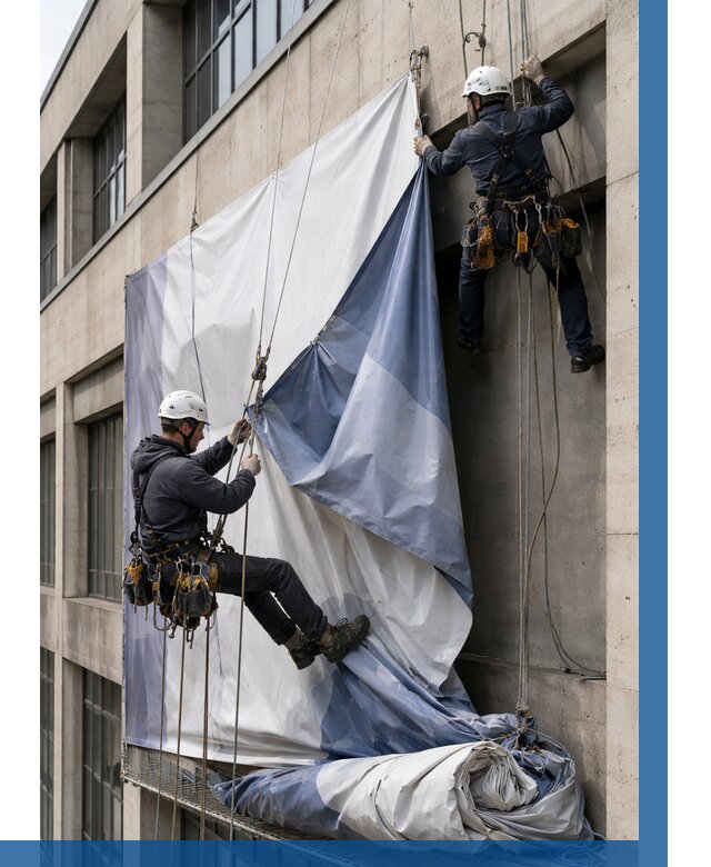 Демонтаж баннеров с фасада в Клине от 4610 р. | ВЫСОТНИК-Кли