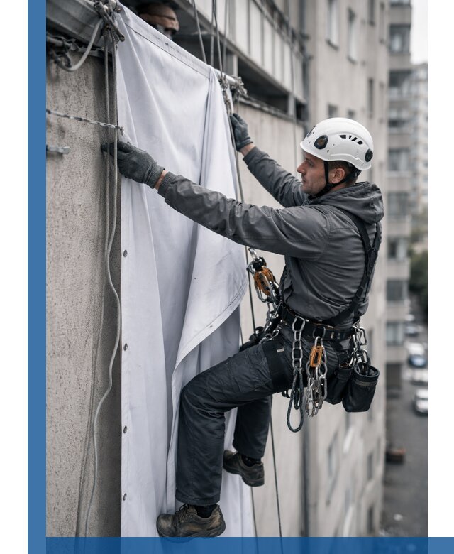 Замена баннерного полотна промышленными альпинистами в Клине