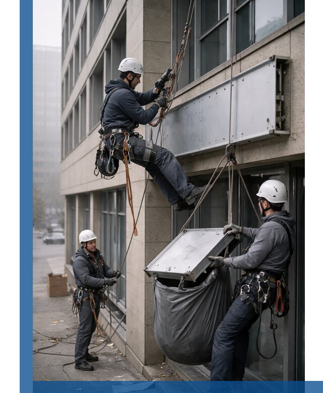 Демонтаж рекламной вывески с высотными работами в Клине