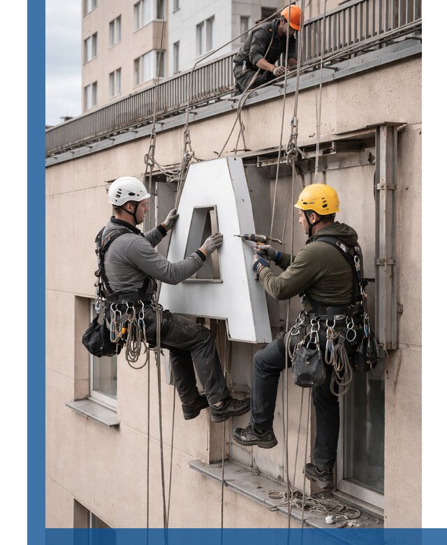 Ремонт и восстановление наружных вывесок на высоте в Клине