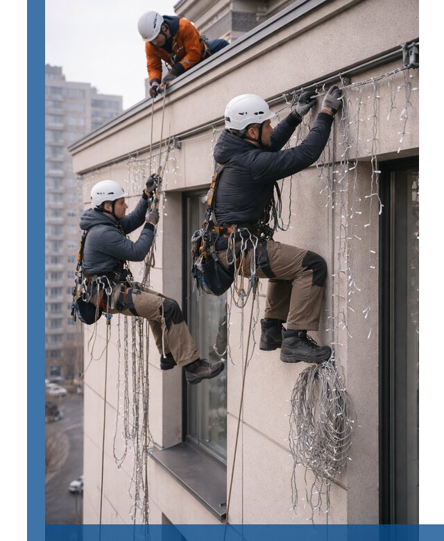 Монтаж праздничных гирлянд на фасаде в Клине для зданий