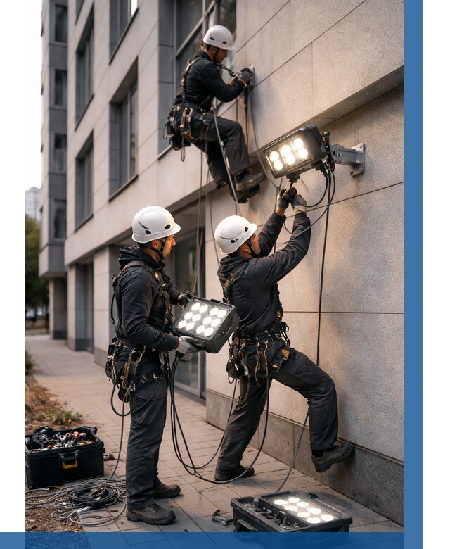 Монтаж прожекторов на фасаде в Клине от 7684 р. | ВЫСОТНИК-Кли