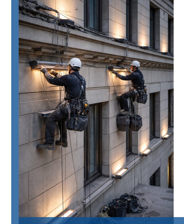 Монтаж архитектурной подсветки фасадов зданий в Клине