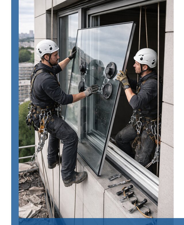 Замена стеклопакетов на высоте с промышленными альпинистами в Клине