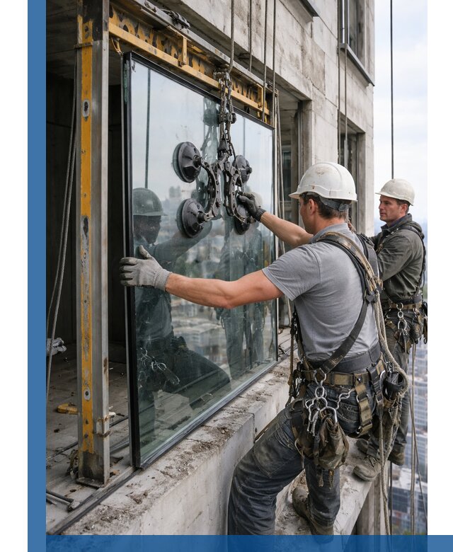 Монтаж стеклопакетов на высоте в Клине с промышленным альпинизмом