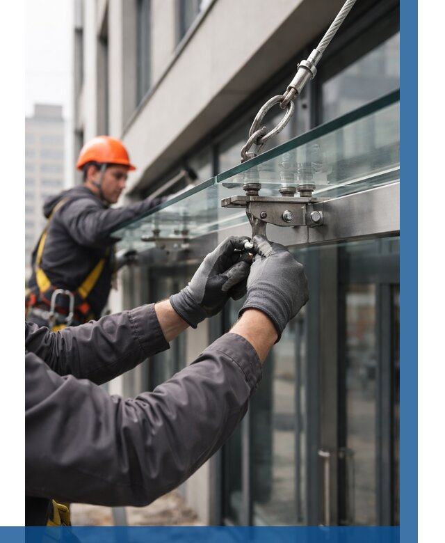 Монтаж стеклянных козырьков в Клине от 8708 р. | ВЫСОТНИК-Кли