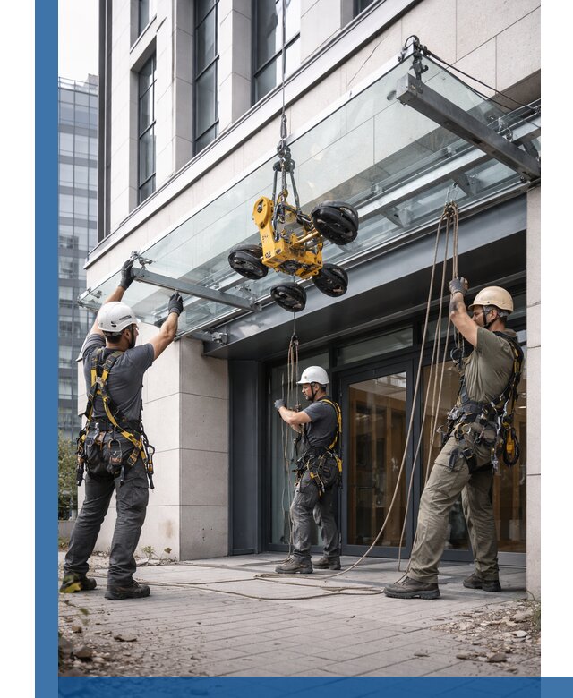 Монтаж стеклянных козырьков под ключ в Клине для зданий