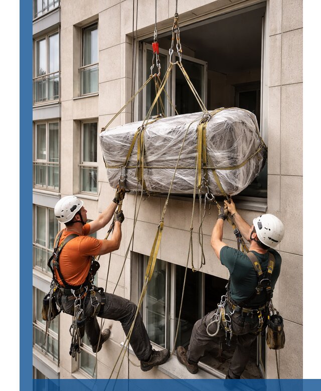 Подъем грузов через окно в Клине промышленными альпинистами