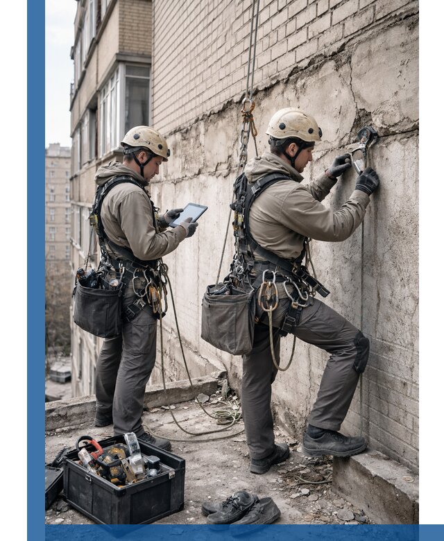 Обследование фасада промышленными альпинистами в Клине